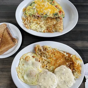 two plates of breakfast food