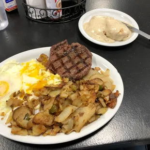 Steak and eggs, bring an appetite.