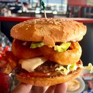 California Burger (medium) with onion rings thrown in.