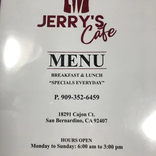 the menu for jerry&apos;s cafe