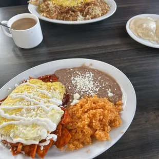 Red salsa chilaquiles, salsa verde omelette