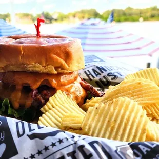 a burger and chips