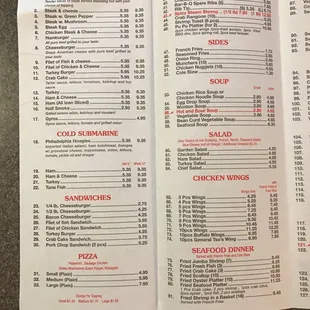 the menu of the restaurant