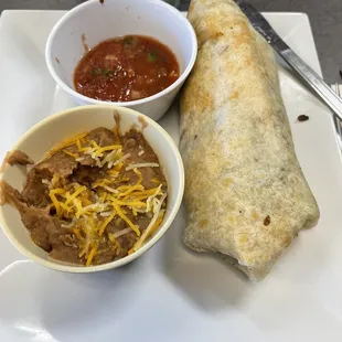 Breakfast burrito, salsa and side of beans  Absolutely delicious
