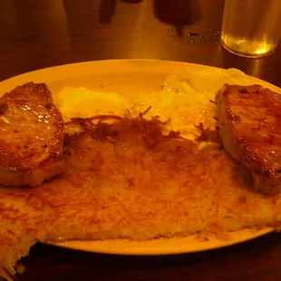 Porkchops, eggs, &amp; Hashbrowns. Perfectly made!