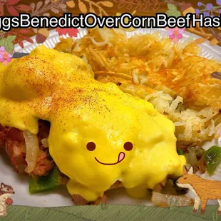 eggs benedict over cornbread hash