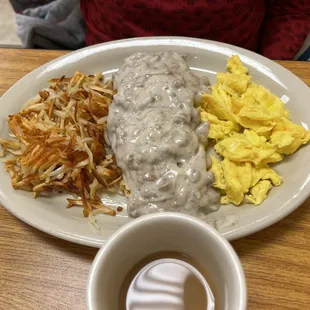 Biscuits and gravy - scrambled eggs - hash browns