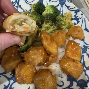Spring roll, general tso tofu and broccoli