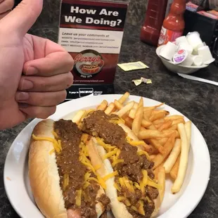 a chili dog and fries