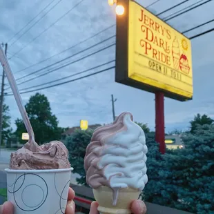 m&amp;m blizzard (left), soft serve swirl (right)