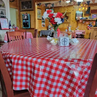 a table with a red and white checkered tablecloth