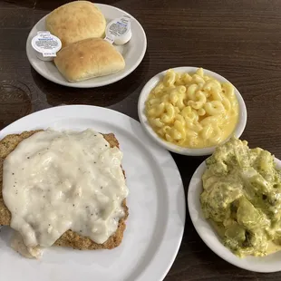 Country Fried Steak with Dinner Rolls, Broccoli Casserole, and Macaroni &amp; Cheese