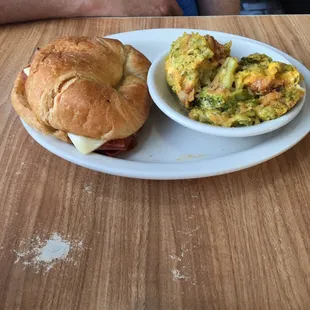Hot ham croissant with broccoli casserole.