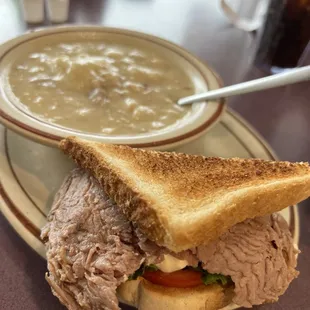 Senior Half Roast Beef sandwich and soup, chicken dumpling.