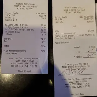 receipts for the restaurant
