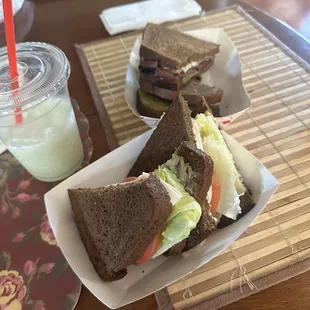 honey dew smoothie, turkey on squaw, and pastrami w/provolone on squaw