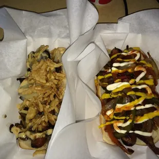 LA Dog on right, mushroom dog (with crispy onions added on left).