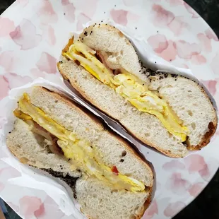 Egg, bacon and cheese on Bialy bagel