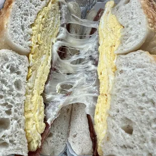 Asiago Cheese Bagel, Egg, Turkey Bacon & Swiss Cheese.