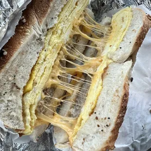 Everything Bagel, Egg, Turkey Sausage & Cheddar Cheese.
