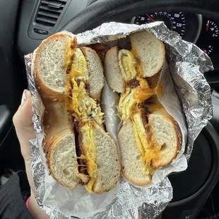 bacon egg and cheddar on sesame see bagel