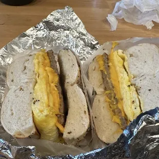 Sausage egg and cheese on an everything bagel
