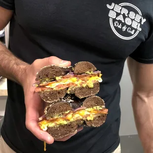 Morning Stimulus Breakfast Sandwich on a Black Russian Bagel