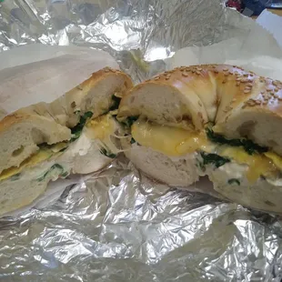 sesame breakfast bagel: egg, Munster, spinach, cream cheese, tomato $5.30