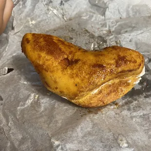 Hand rolled French toast Bagel with Cream Cheese.
