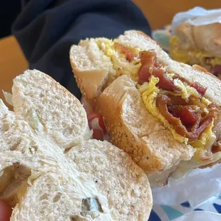 asiago bagel w/ jelepeno cream cheese, Sesame w/ bacon, egg, pepperjack