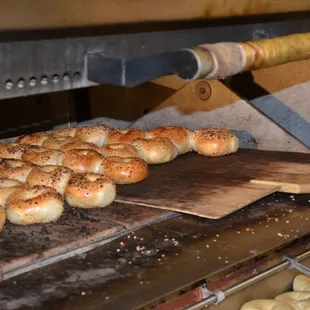Hot everything bagels coming out of the oven