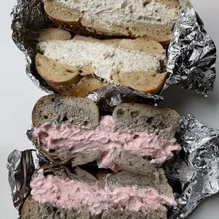 Everything bagel with jalapeño popper cream cheese and blueberry bagel with strawberry cream cheese