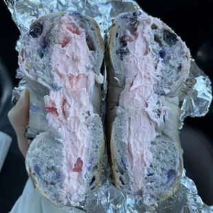 Blueberry bagel with strawberry cream cheese