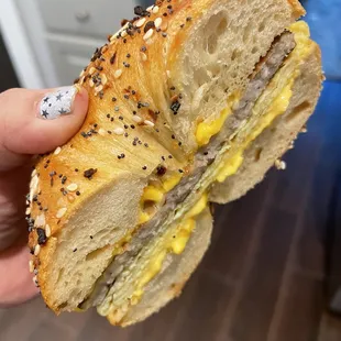 Sausage Egg and Cheese on an Everything bagel . So good and so filling. I could only eat half.