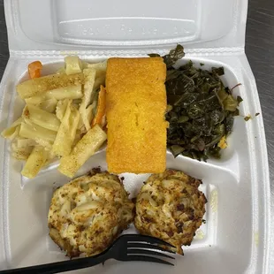 Cajun pasta, cornbread, collards and jumbo lump crab cakes.