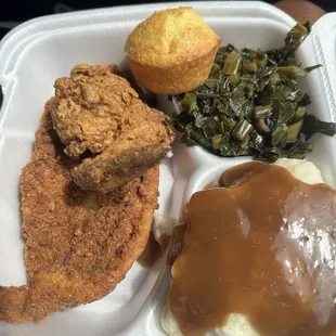 Chicken, fish, greens, mashed potatoes w/gravy