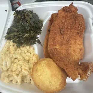 Fish, Mac n cheese, greens, cornbread