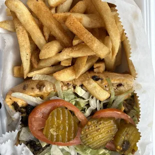 Chili cheesesteak  combo with everything but Mayo and banana peppers
