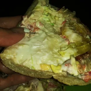 Bread soggy covered in mayo INEDIBLE forgot onions oregano vinger and oil.. Hoped to cover it up with Mayo at the Parker location.