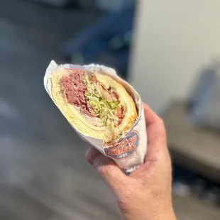 a hand holding a sandwich