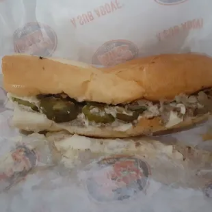 Mini  menu#17 Philly Cheesesteak with grilled onion, pickles &amp; American cheese ( provolone cheese extra charge)