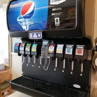 Stubborn soda as choices (no artificial sweeteners or high fructose corn syrup), plus Pepsi choices and teas.