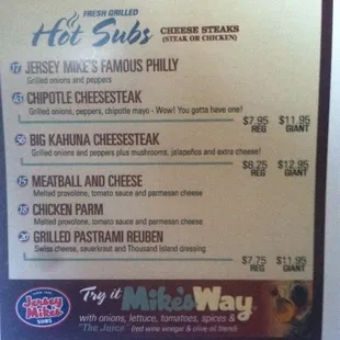Hot sub menu and prices