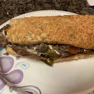 Big kahuna cheese steak with cherry pepper relish and no mushrooms.