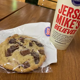 Chocolate Chunk Cookie and a drink. What happens when you get invited out after you've already eaten