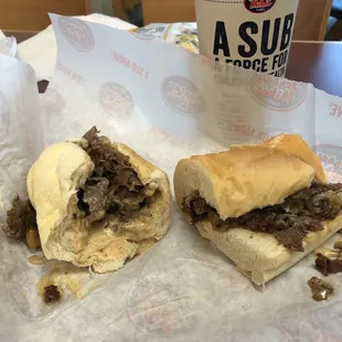 On left is the Chipotle Philly cheese with onions and green peppers. On right, is the original Philly cheese steak.