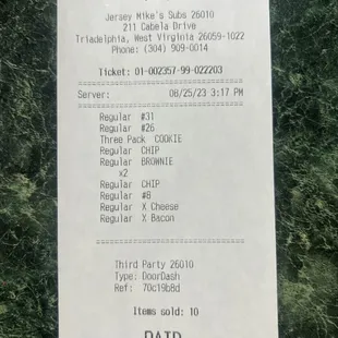 the receipt for the restaurant