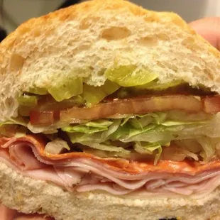 Cross cut of the Original Italian made Mike&apos;s Way with added banana peppers.