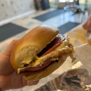 Pork roll, egg, and cheese on an egg bagel