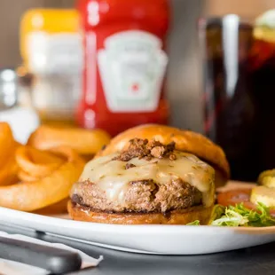 a cheeseburger and onion rings